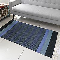 Cotton rug, 'Blue Shadow Harmony' (3x5) - 3 by 5 Foot Handwoven Blue Cotton Rug from India