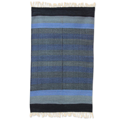 Cotton rug, 'Blue Shadow Harmony' (3x5) - 3 by 5 Foot Handwoven Blue Cotton Rug from India