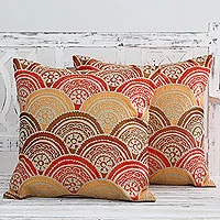 Embroidered cushion covers, 'Coming Up Flowers' (pair) - Traditional Chain Stitch Embroidery Cushion Covers (Pair)