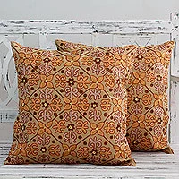 Cotton cushion covers, 'Morning Marigolds' (pair) - Chainstitch Cotton Cushion Covers in Autumn colours (Pair)