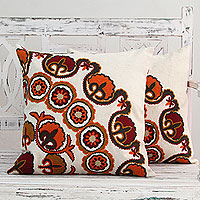 Cotton cushion covers, 'Orange Marigolds' (pair) - Ecru Cotton Cushion Covers with Floral Embroidery (Pair)