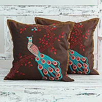 Embroidered cushion covers, 'Peaceful Peacock' (pair) - India Bird Theme Brown Embroidered Cushion Covers (Pair)