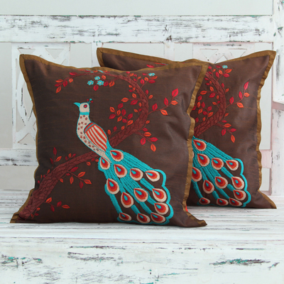 Embroidered cushion covers, Peaceful Peacock (pair)