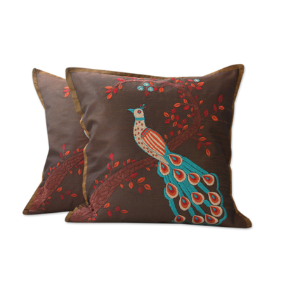 Embroidered cushion covers, 'Peaceful Peacock' (pair) - India Bird Theme Brown Embroidered Cushion Covers (Pair)