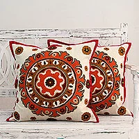 Beaded cotton cushion covers, 'Orange Mandala' (pair) - Ecru Cotton Cushion Covers with Orange Embroidery (Pair)