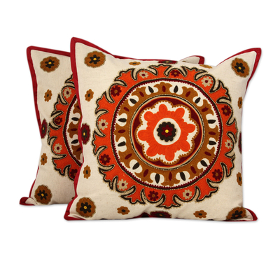 Beaded cotton cushion covers, 'Orange Mandala' (pair) - Ecru Cotton Cushion Covers with Orange Embroidery (Pair)