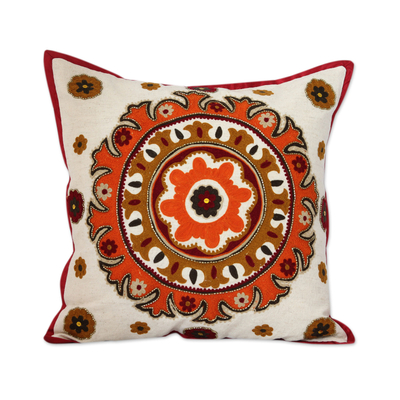 Beaded cotton cushion covers, 'Orange Mandala' (pair) - Ecru Cotton Cushion Covers with Orange Embroidery (Pair)