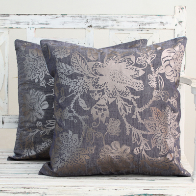 Cotton cushion covers, 'Silver Sea Blossoms' (pair) - Blue Cotton Cushion Covers with Silver Foil Flowers (Pair)