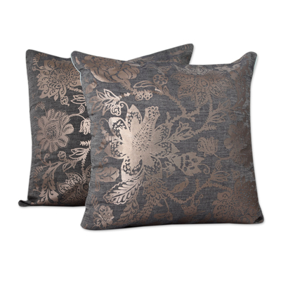 Cotton cushion covers, 'Silver Sea Blossoms' (pair) - Blue Cotton Cushion Covers with Silver Foil Flowers (Pair)