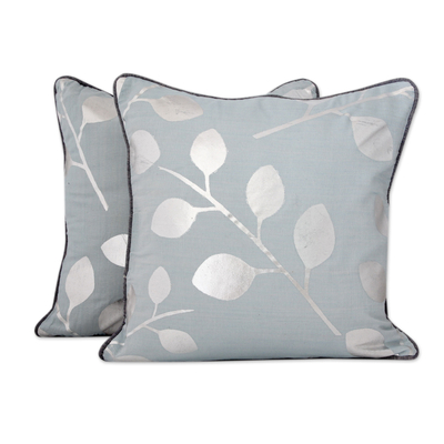Cotton cushion covers, 'Drifting Leaves' (pair) - Pale Blue Cotton Cushion Covers with Silver Leaves (Pair)