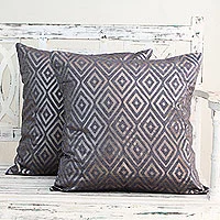 Cotton cushion covers, 'Diamond Glam' (pair) - Silver Foil Diamond Print Blue Cotton Cushion Covers (Pair)