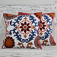 Embroidered cushion covers, 'Floral Jazz' (pair) - Multi Colored Embroidery On White Zippered Cushion Covers (P