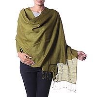 Silk and wool shawl, 'Olive Forest' - India Olive Green Silk and Wool Shawl