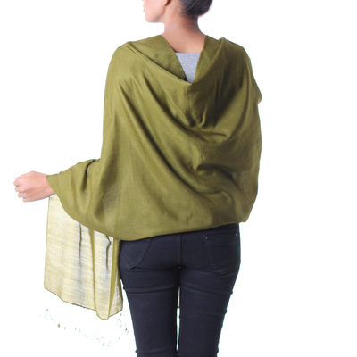 Silk and wool shawl, 'Olive Forest' - India Olive Green Silk and Wool Shawl