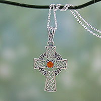 Carnelian pendant necklace, 'Radiant Celtic Cross' - Artisan Crafted Carnelian and Silver Celtic Cross Necklace