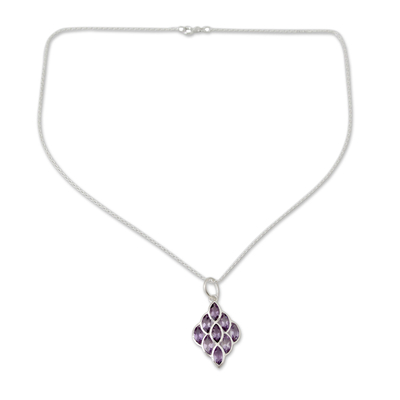 Amethyst pendant necklace, 'Crystalline Beehive' - Modern Handcrafted Silver Necklace with 9 Faceted Amethysts