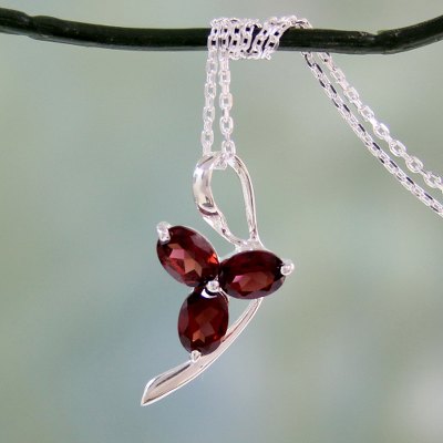 Garnet pendant necklace, 'Three Rosebuds' - Artisan Crafted Garnet and Sterling Silver Pendant Necklace