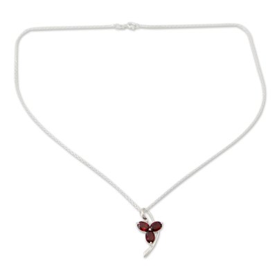 Garnet pendant necklace, 'Three Rosebuds' - Artisan Crafted Garnet and Sterling Silver Pendant Necklace