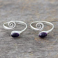 Amethyst toe rings, 'Curls' (pair) - Amethyst and Sterling Silver Toe Rings from India (Pair)