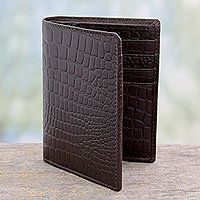 Men's slim leather wallet, 'Efficient in Brown Crocodile' - Men's Embossed Handcrafted Brown Slim Leather Wallet