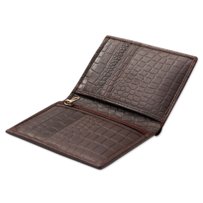 Men's slim leather wallet, 'Efficient in Brown Crocodile' - Men's Embossed Handcrafted Brown Slim Leather Wallet