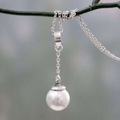 Cultured pearl Y necklace, 'Luminous Moonlight' - Cultured Pearl Handcrafted Sterling Silver Y-Necklace