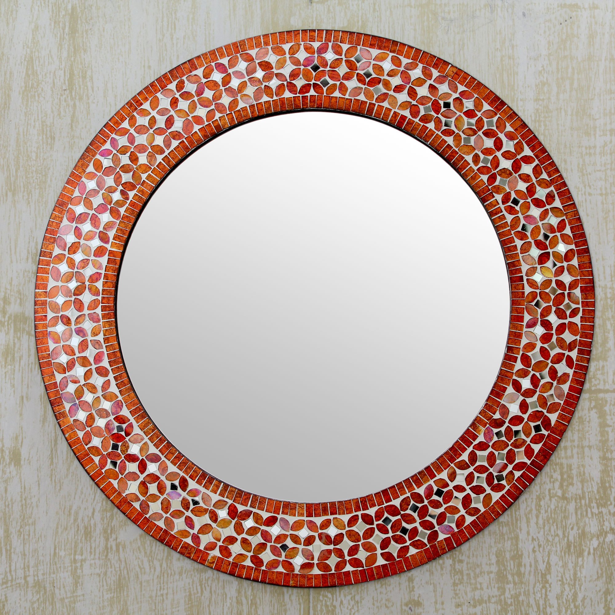 Orange And White Glass Mosaic Circular Wall Mirror Tangerine Petals
