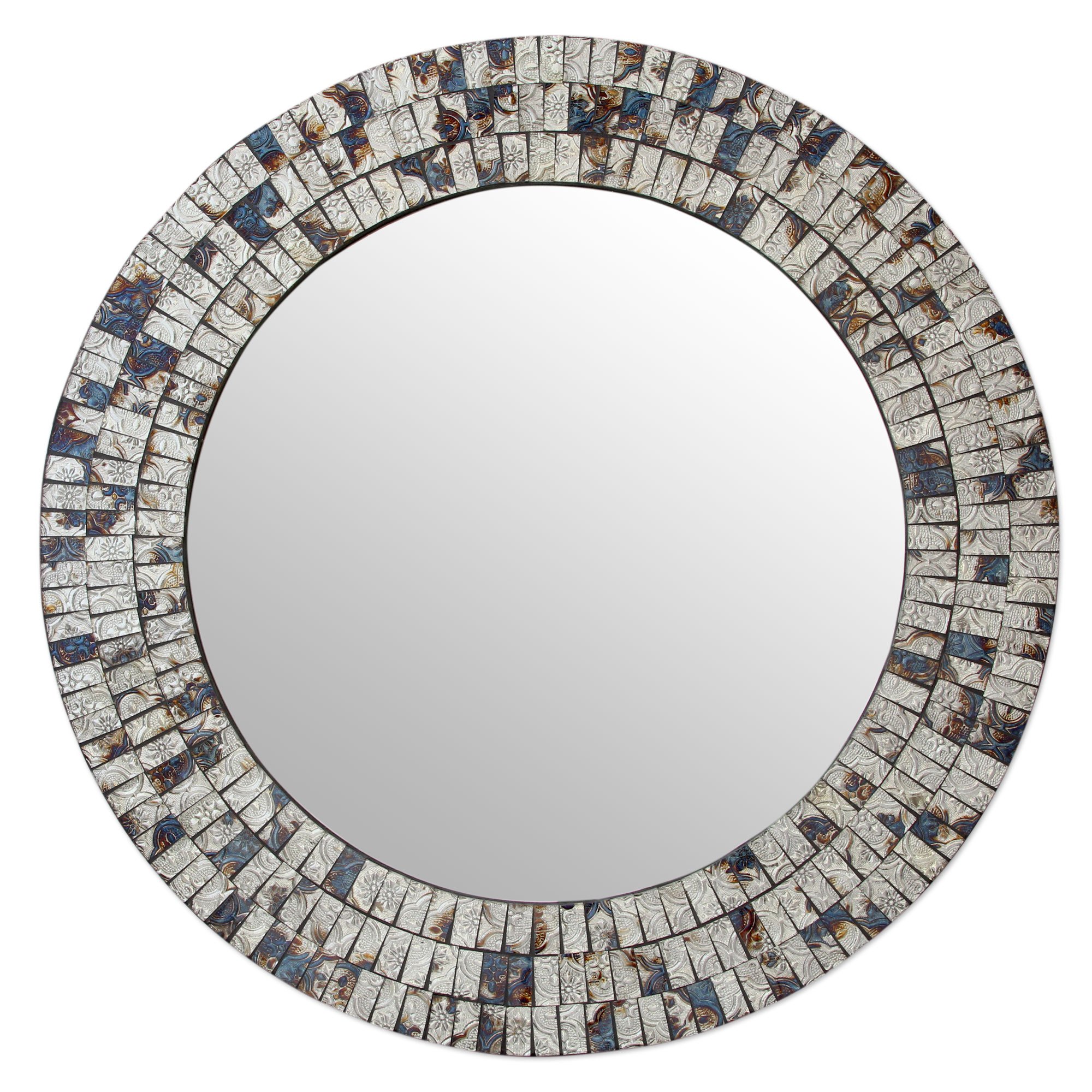 India Handcrafted Silver And Blue Glass Mosaic Wall Mirror Mystique