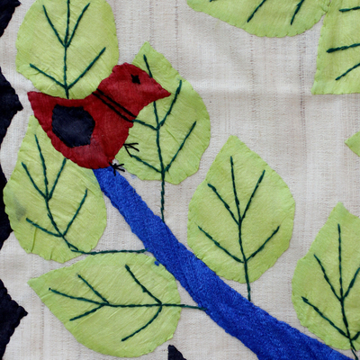 Silk wall hanging, 'Woodland Song' - Handcrafted Animal Theme Applique Silk Wall Hanging