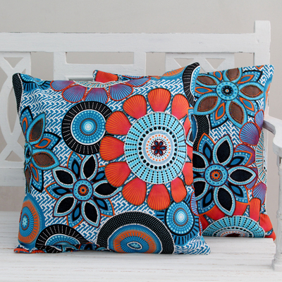 Beaded cotton cushion covers, 'Blue Flower Fest' (pair) - Hand Beaded Cotton Print Cushion Covers in Blue (Pair)