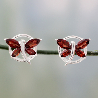 Garnet button earrings, 'Butterfly Gift' - Garnet Birthstone Sterling Silver Butterfly Earrings