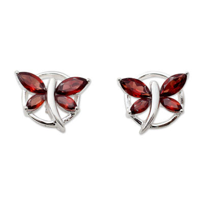 Granat-Ohrringe mit Knöpfen - Granat-Geburtsstein-Schmetterlingsohrringe aus Sterlingsilber