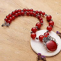 Collar de flores de cornalina y granate, 'Mystical Blossom' - Collar colgante floral hecho a mano Carnelian y granate