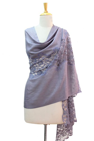 Wool blend shawl, 'Wisteria Lace' - Artisan Crafted Lacy Lavender Wool Blend Shawl
