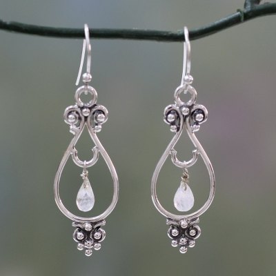 Rainbow moonstone dangle earrings, 'Classical Beauty' - Artisan Crafted Sterling Silver Rainbow Moonstone Earrings