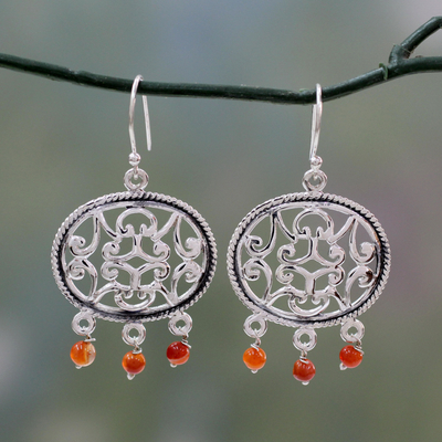Carnelian dangle earrings, 'Mughal Visions' - Carnelian on Sterling Silver Earrings India Artisan Jewellery