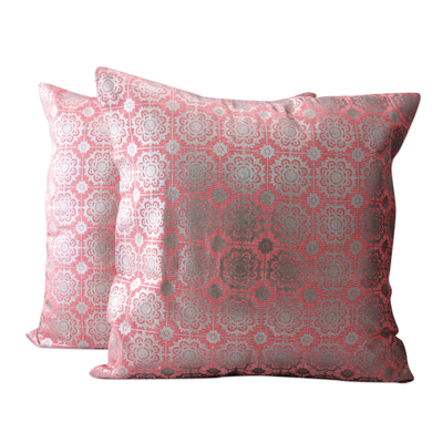 Cotton cushion covers, 'Silver Rose Garden' (pair) - Red Cotton Cushion Covers with Silver Foil Flowers (Pair)