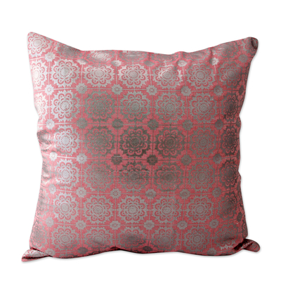 Cotton cushion covers, 'Silver Rose Garden' (pair) - Red Cotton Cushion Covers with Silver Foil Flowers (Pair)