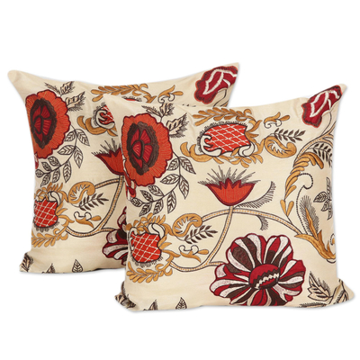Embroidered Flowers on Square Cotton Cushion Covers (Pair)