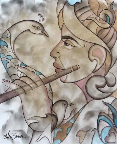 'Krishna der Musiker' - Original signiertes Gemälde von Krishna mit einem Pfau