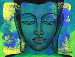 'Peaceful Reign' - Expressionistic Signed Portrait of Buddha in Blue