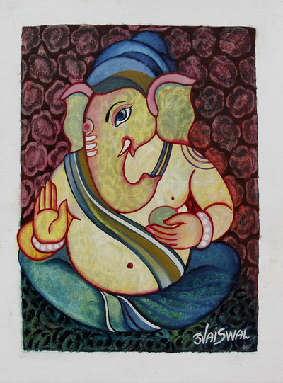 'Happy Ganesha' - India Retrato al óleo estilizado del señor hindú Ganesha