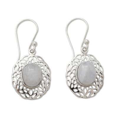Handcrafted Rainbow Moonstone Earrings with Silver Halos