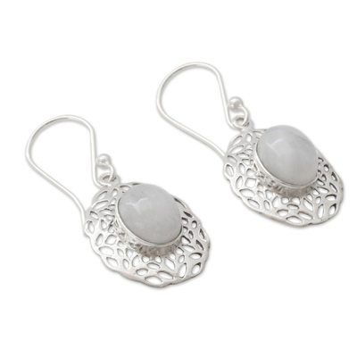 Rainbow moonstone dangle earrings, 'Delhi Dewdrop' - Handcrafted Rainbow Moonstone Earrings with Silver Halos