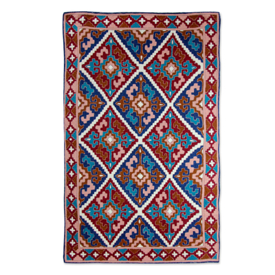 Kettengenähter Wollteppich, (2,5x4) - Handgefertigter Kettenstich-Teppich aus Wolle und Baumwolle (2,5 x 4)