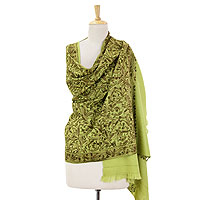 Wool shawl, 'Floral Greenery' - Green Chain Stitch Embroidery India Wool Shawl