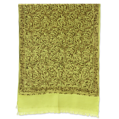 Wollschal - Grüner Schal aus indischer Wolle mit Kettenstichstickerei