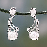 Cultured pearl dangle earrings, 'Iridescent Magnificence' - White Pearls on Rhodium Plated Sterling Silver Earrings