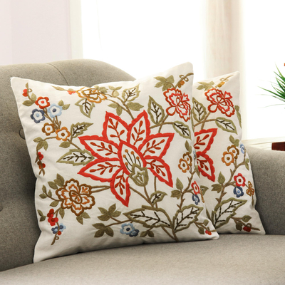 Embroidered cotton cushion covers, Jaipur Meadow (pair)