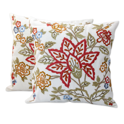 Embroidered cotton cushion covers, 'Jaipur Meadow' (pair) - Embroidered Square Cotton Cushion Covers (Pair)